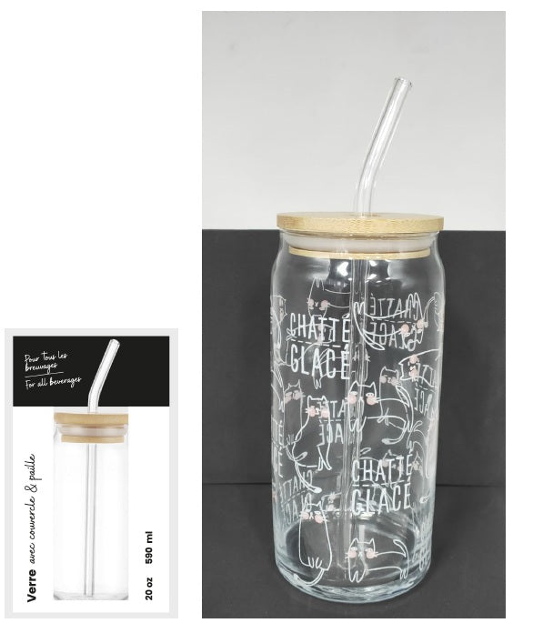 Verre 590 ml avec couvercle et paille - Chatté glacé