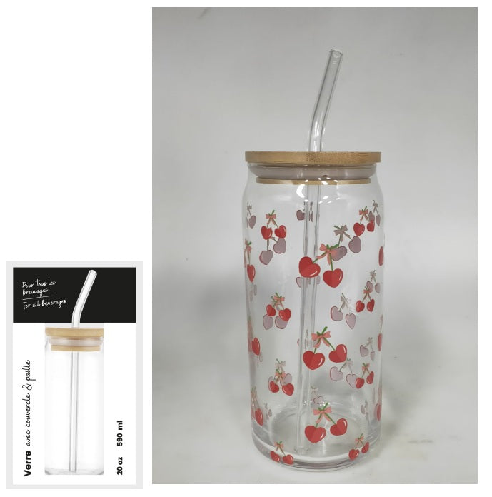 Verre 590 ml avec couvercle et paille - Cerises en cœur