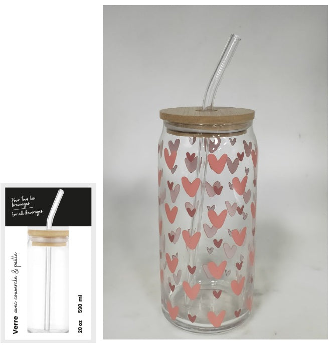 Verre 590 ml avec couvercle et paille - Cœurs roses