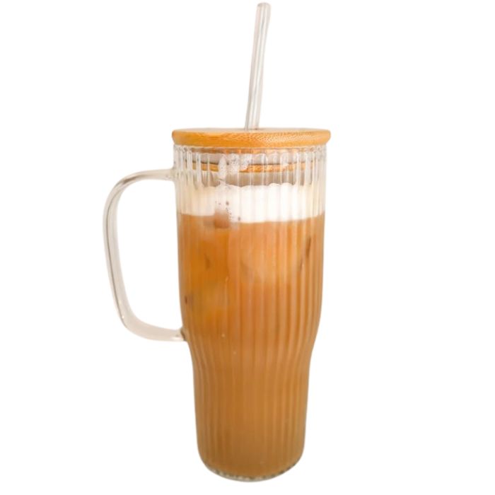 Tasse en verre strié avec paille et couvercle en bois 700 ml