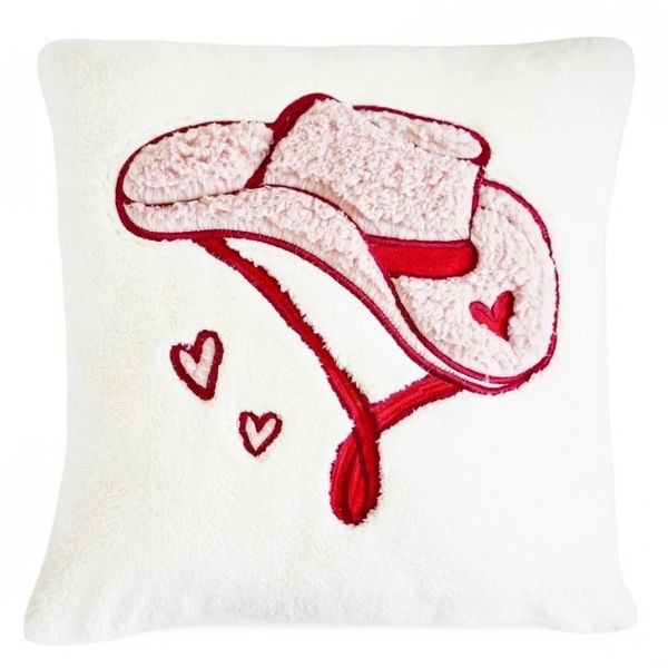 Coussin 18 po x 18 po en sherpa blanc avec chapeau de cowgirl rose