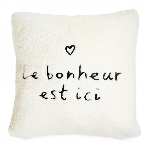 Coussin 18 po x 18 po en sherpa blanc "Le bonheur est ici"