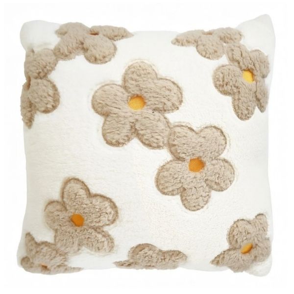 Coussin 18 po x 18 po en sherpa blanc fleurs beiges