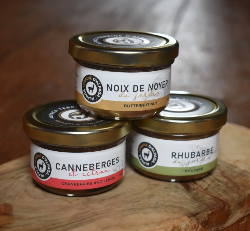 Terrine d'alpaga - Rhubarbe - Noix de noyer - Canneberge  (paquet de 3)