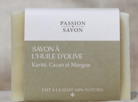 Savon en barre à l'huile d'olive 100 g beurre de karité, cacao et mangue