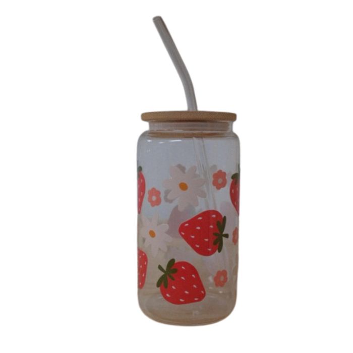 Verre avec couvercle de bambou et paille 16 oz fraise