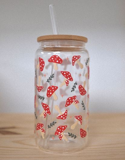 Verre avec couvercle en bambou et paille 16 oz champignons