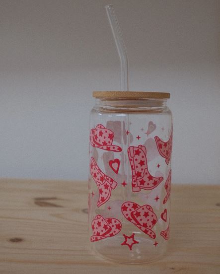 Verre avec couvercle en bambou et paille 16 oz bottes et chapeaux de cowboy roses