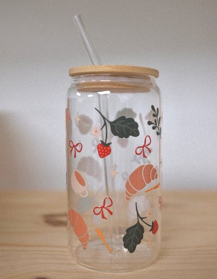 Verre avec couvercle en bambou et paille 16 oz croissants