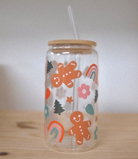Verre avec couvercle en bambou et paille 16 oz pains d'épices