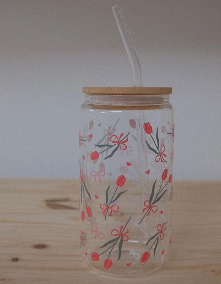 Verre avec couvercle en bambou et paille 16 oz tulipes roses