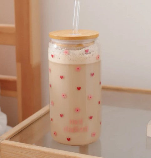 Verre avec couvercle en bambou et paille 480 ml amour florissant