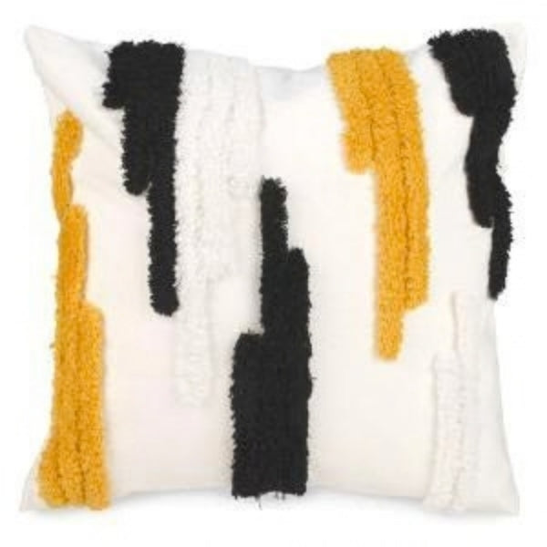 Coussin 17 po x 17 po blanc avec motifs noir et jaune moutarde