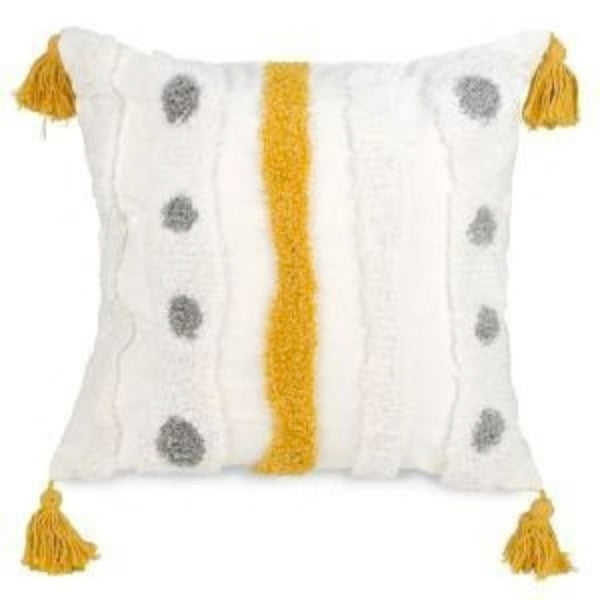 Coussin 17 po x 17 po blanc avec motif jaune et pois gris avec gland jaune