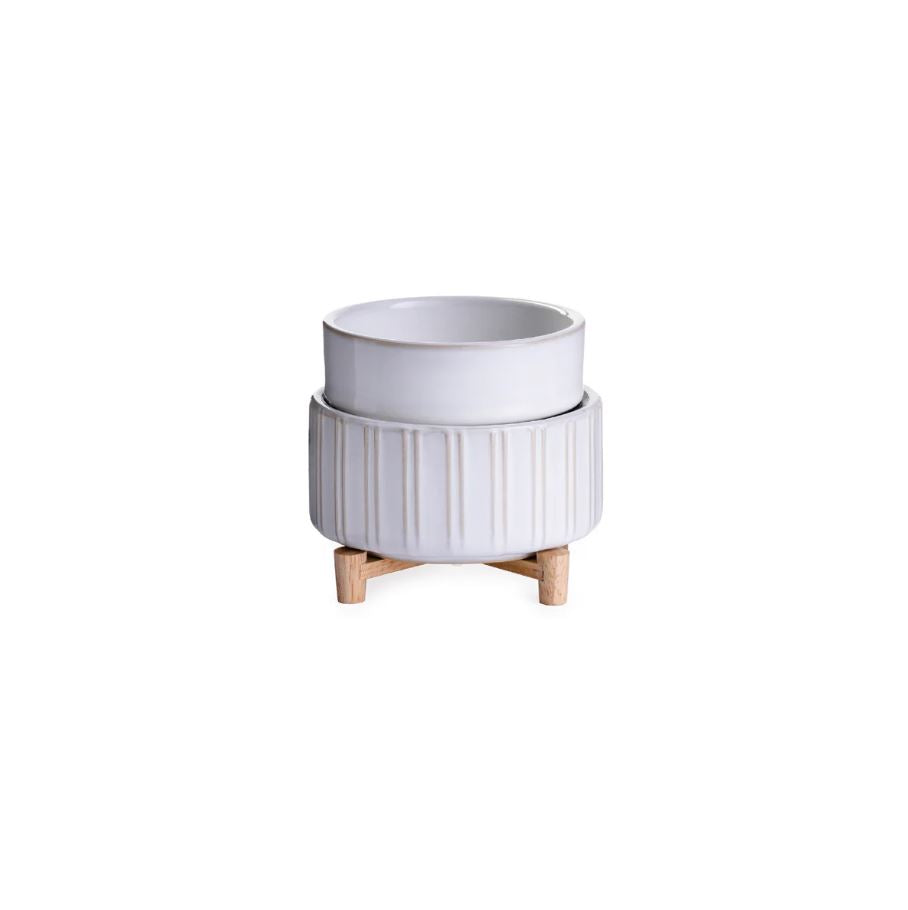 Chauffe-cire 2 en 1 (chauffe les bougies ou les cubes de cire) céramique blanche et bois