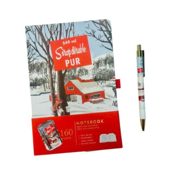 Ensemble de cahier de notes et stylo motif canne de sirop d'érable