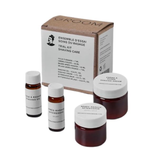 Ensemble d'essai soin du rasage Groom (huile 7 ml, crème de rasage 30 ml, baume 15 ml, après-rasage 30 ml)