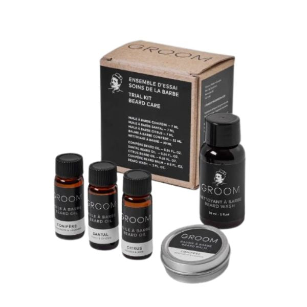 Ensemble d'essai soin de la barbe Groom (huile conifère 7 ml, huile santal 7 ml, baume 15 ml, nettoyant 30 ml)