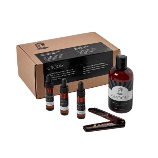 Ensemble découverte soin de la barbe Groom (huile conifère 15 ml, huile santal 15 ml, huile citrus 15 ml, nettoyant 250 ml, peigne pliant)