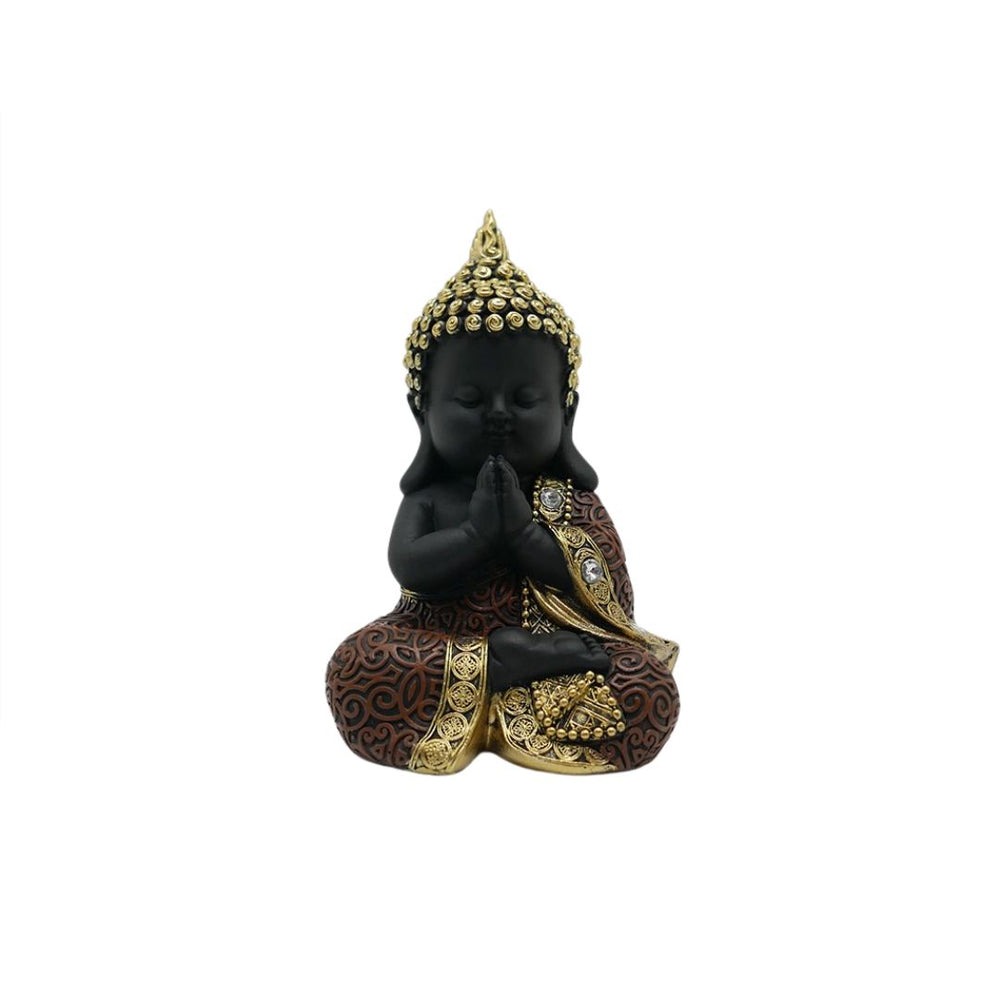 Bébé Bouddha assis mains en prière noir et or 4 po x 4 po x 6 po