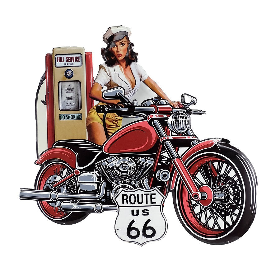 Plaque murale 25 po x 27 po femme avec moto route 66