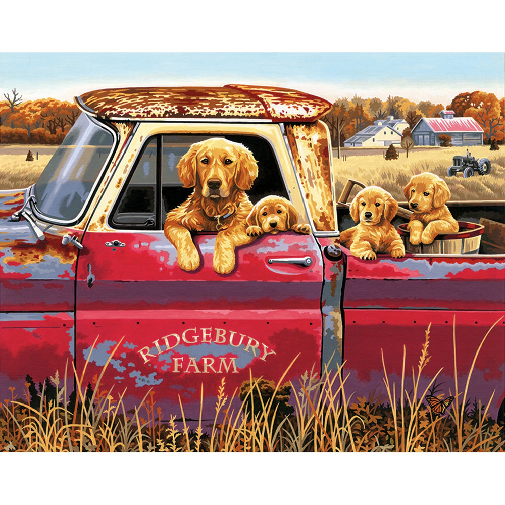 Peinture à numéros 20 po x 16 po chien golden et camion