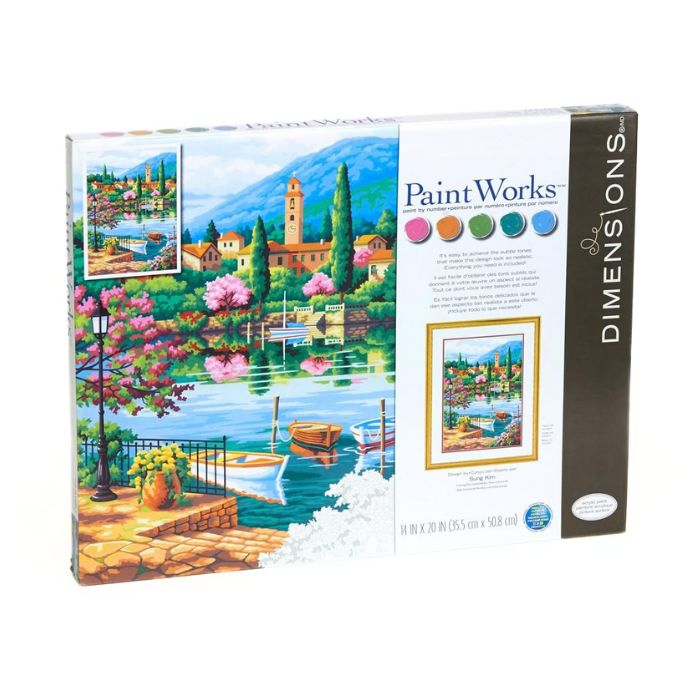 Peinture à numéros 20 po x 16 po Paint Works après-midi au village sur le bord du lac