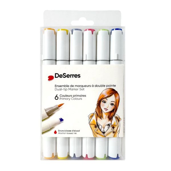 Ensemble de 6 marqueurs à l'alcool double pointe DeSerres couleur primaire