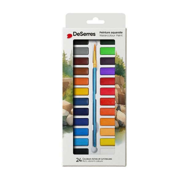 Ensemble de 24 couleurs de peinture en demi-godets pour aquarelle avec un pinceau DeSerres