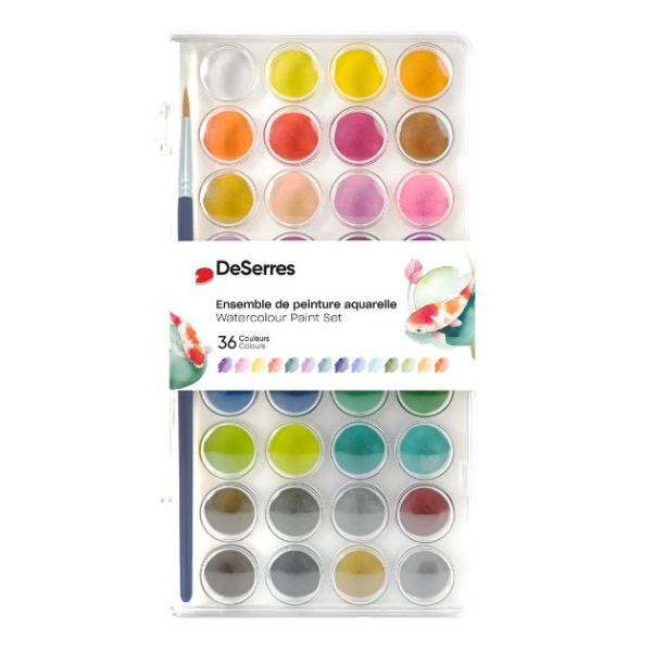 Ensemble de 36 couleurs de peinture pour aquarelle avec un pinceau DeSerres