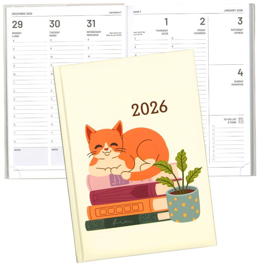 Agenda hebdomadaire 2026 chat et livres