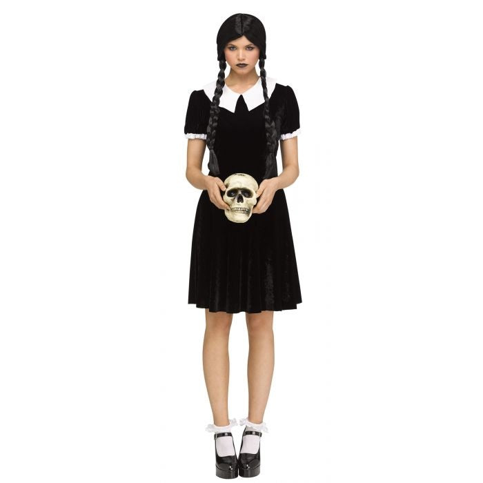 Costume femme Mercredi Addams - robe noire avec col blanc