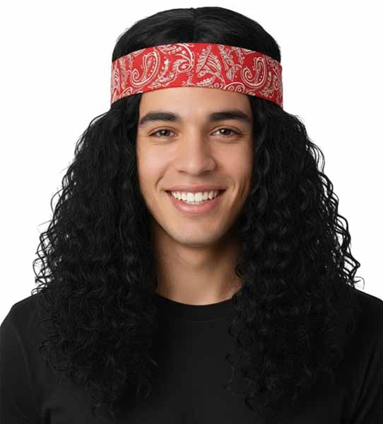 Perruque pour adulte longue noire frisée avec bandana rouge rock
