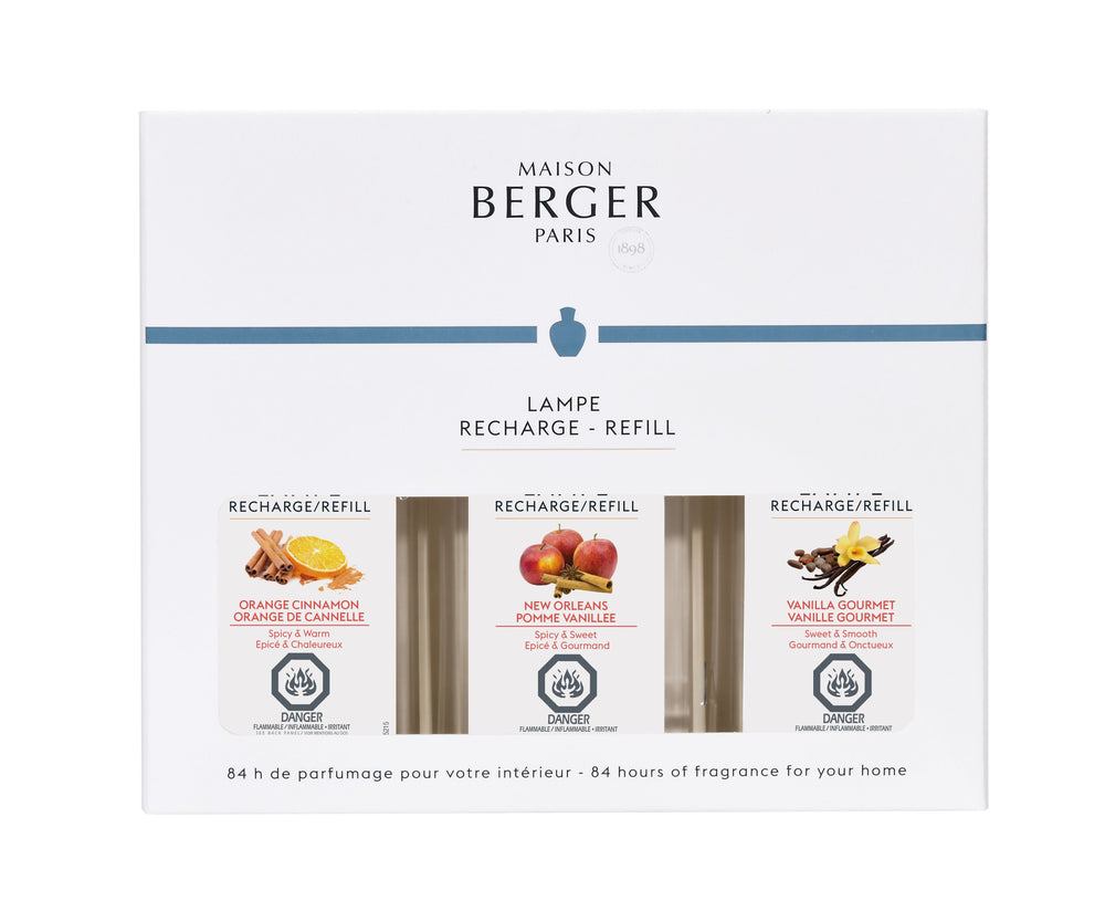 Recharge lampe Maison Berger triopack chaud recharge 3 x 180 ml orange cannelle/pomme vanillée/vanille gourmet