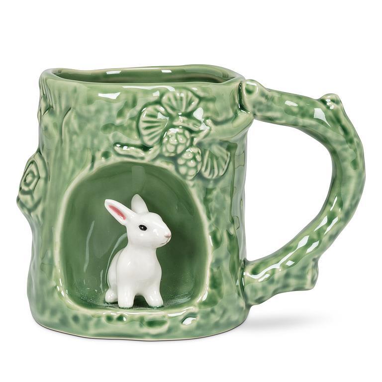 Tasse à café 12 oz verte imitant un tronc d'arbre avec un lapin dans une alcôve