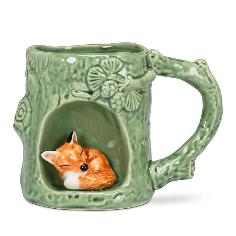 Tasse à café 12 oz verte imitant un tronc d'arbre avec un renard dans une alcôve