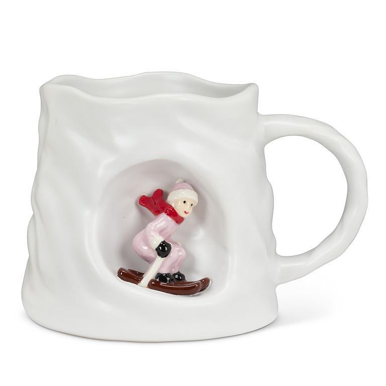 Tasse à café 12 oz blanche avec skieur encastré
