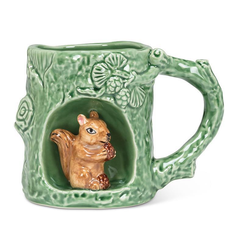 Tasse à café 12 oz verte imitant un tronc d'arbre avec un écureuil dans une alcôve