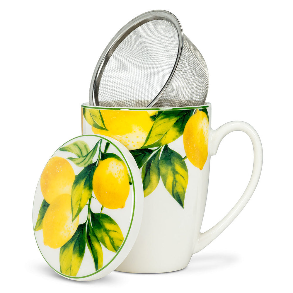 Tasse 12 oz blanche avec infuseur et couvercle citron jaune