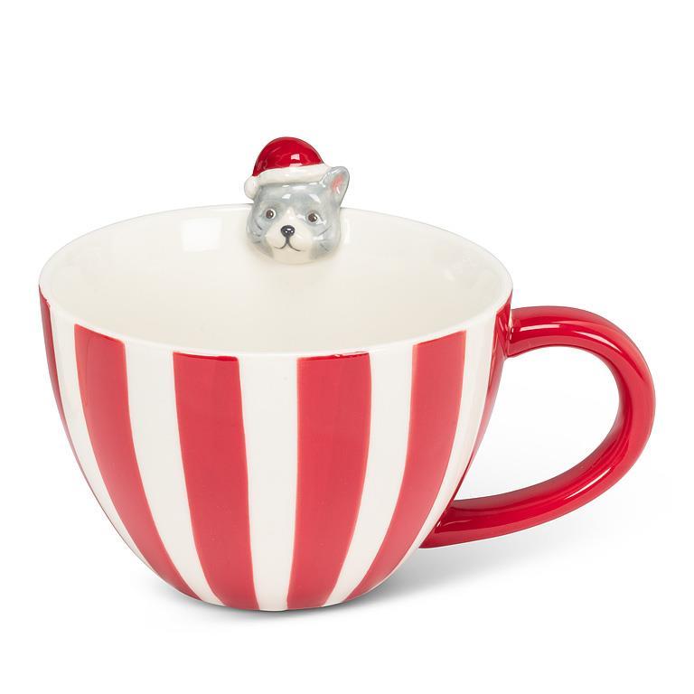 Tasse à café 12 oz rayée rouge et blanc avec chat festif