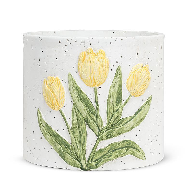 Cache-pot 4,5 po blanc avec motif de tulipes jaunes