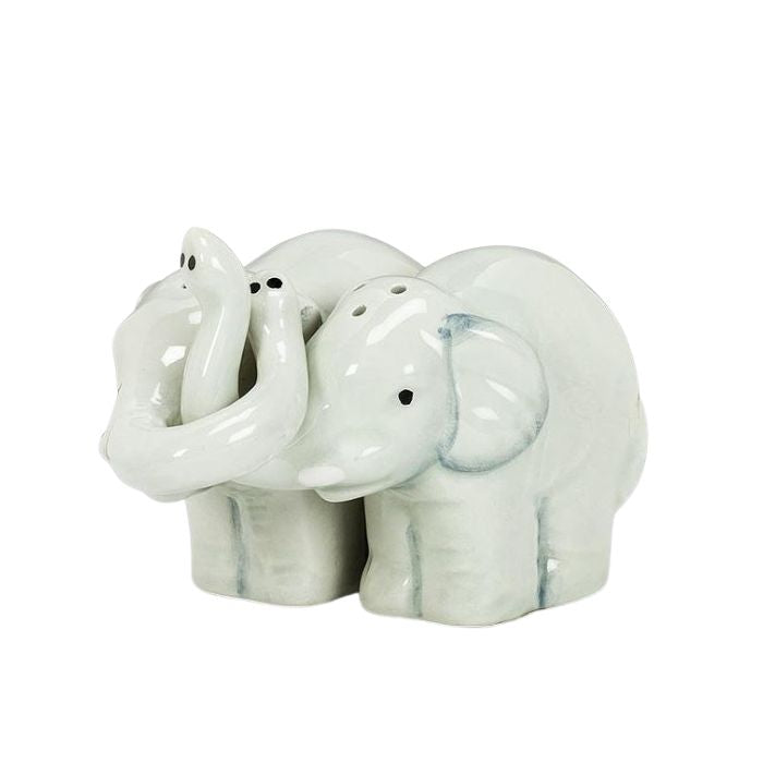 Salière et poivrière en céramique 3,5 po câlin d'éléphants gris pâle