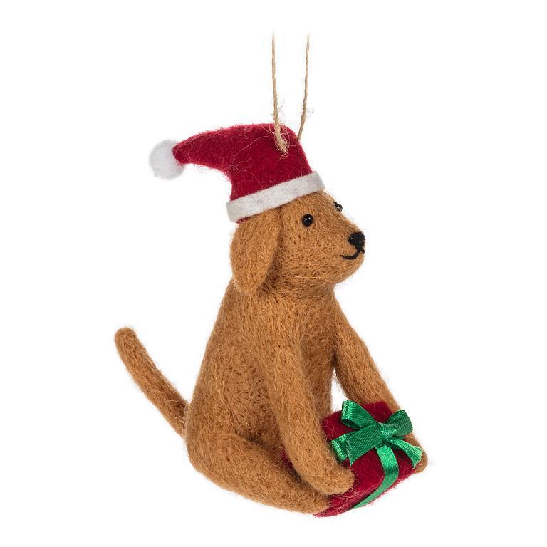 Ornement 4 po chien avec tuque de Noël et cadeau