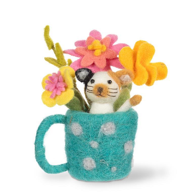 Chaton et fleurs dans une tasse bleue 5,5 po