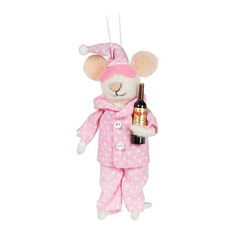 Ornement 5 po souris en pyjama rose avec bouteille de vin