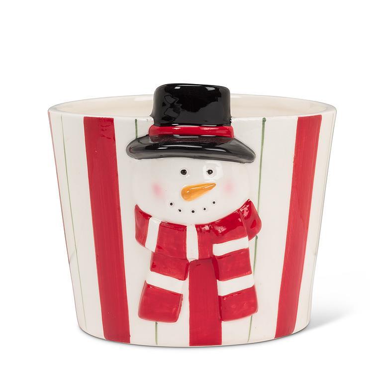Cache-pot 5 po rayé rouge et blanc avec bonhomme de neige
