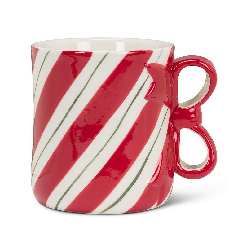 Tasse à café en grès 4 po rayée avec ruban rouge