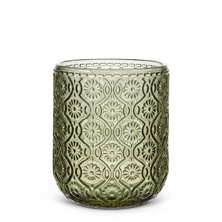 Verre 10 oz vert olive texturé marguerites