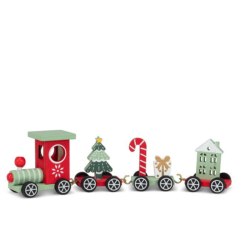 Train de Noël en bois rouge et vert 8 po