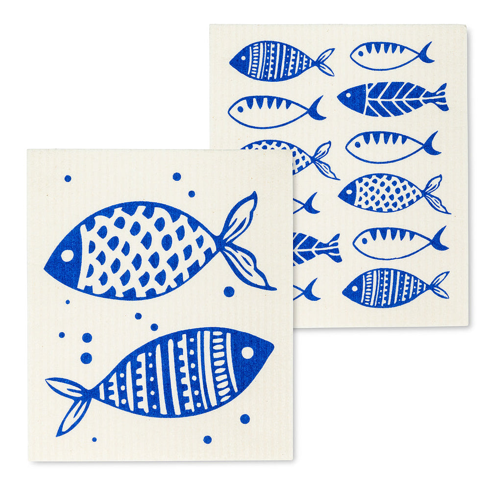 Lavette suédoise 6,5 po x 8 po poisson bleu (paquet de 2)